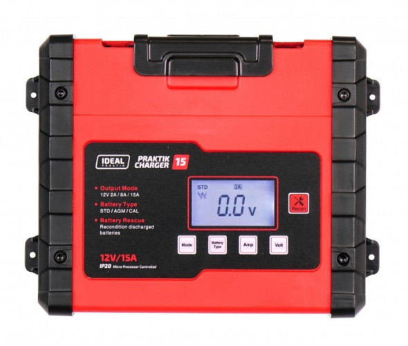 Inteligentny, przenośny prostownik PRAKTIK CHARGER 15 LCD 12V IDEAL PCHARGE15