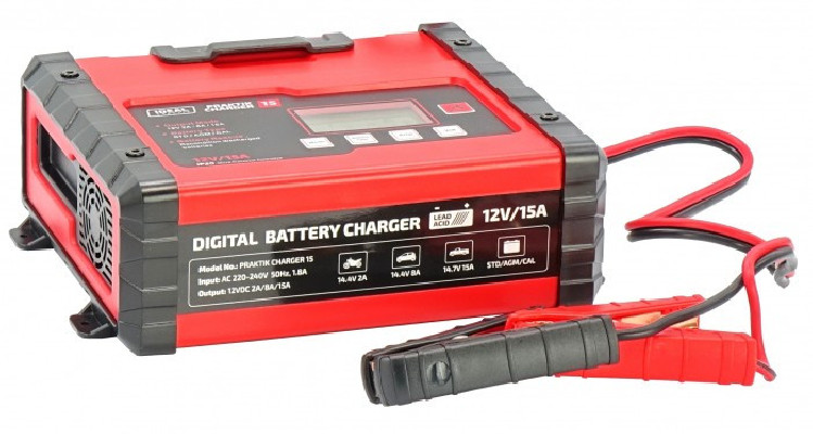Inteligentny, przenośny prostownik PRAKTIK CHARGER 15 LCD 12V IDEAL PCHARGE15