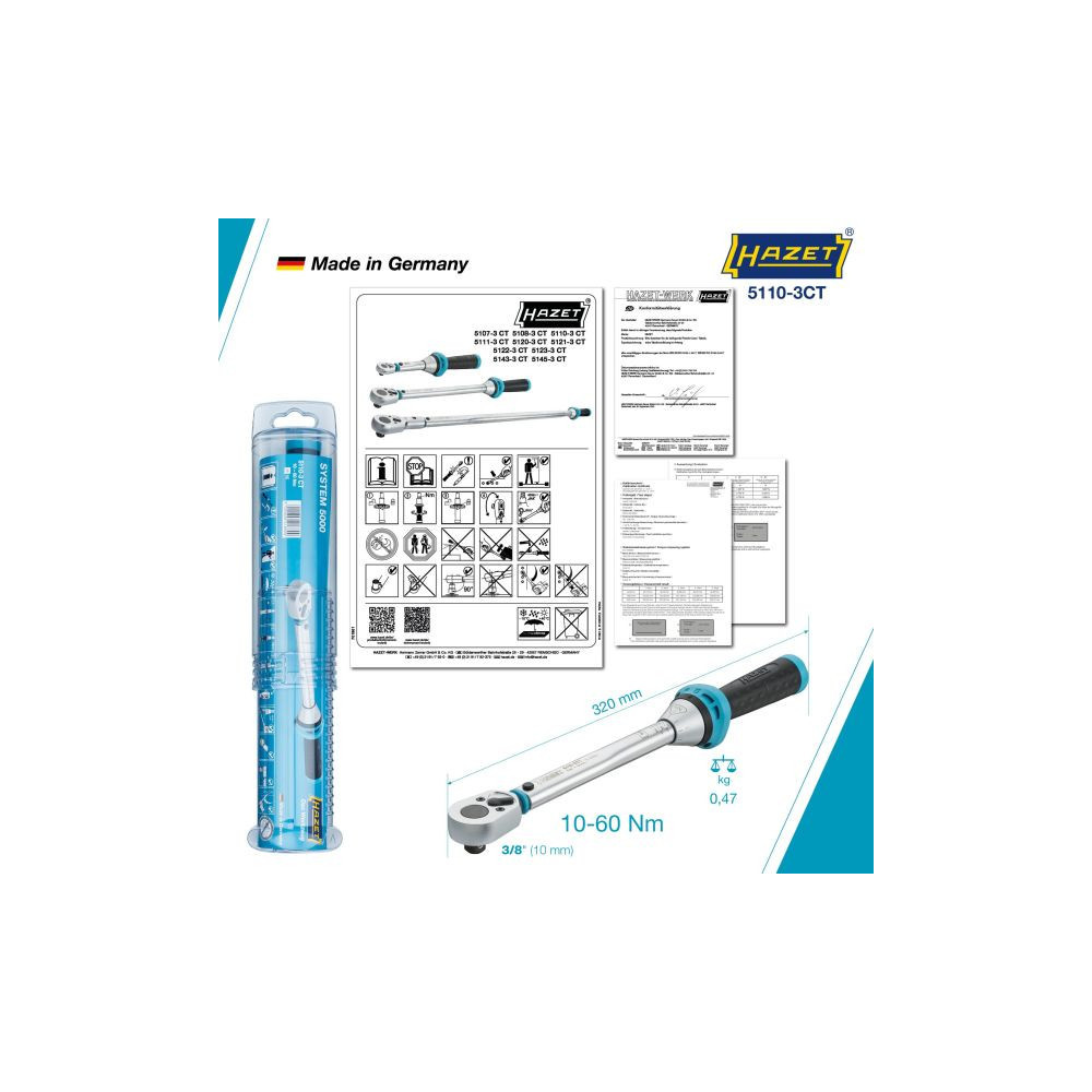 Klucz dynamometryczny 3/8" ze świadectwem wzorcowania PCA 10–60Nm  ±3% Hazet 5110-3CTPCA