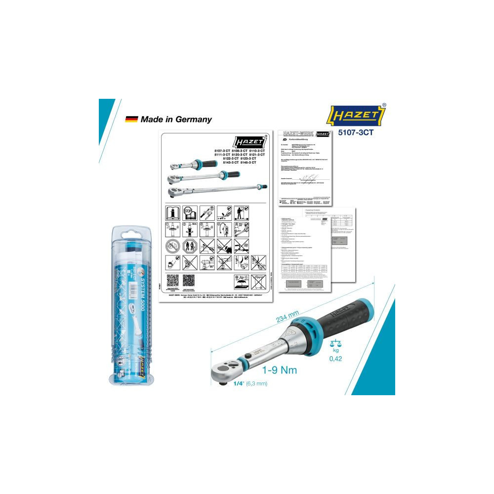 Klucz dynamometryczny 1/4" ze świadectwem wzorcowania PCA 1–9Nm  ±4% Hazet 5107-3CTPCA