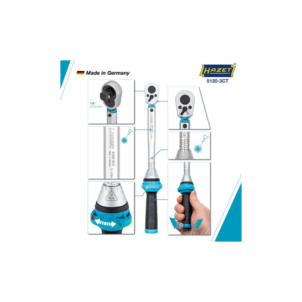 Klucz dynamometryczny 1/2" ze świadectwem wzorcowania PCA 10–60Nm  ±3% Hazet 5120-3CTPCA