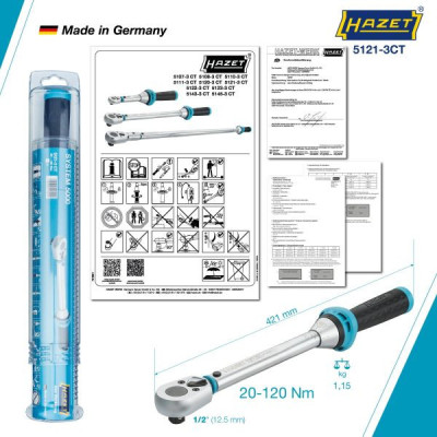 Klucz dynamometryczny 1/2" ze świadectwem wzorcowania PCA 20–120Nm  ±3% Hazet 5121-3CTPCA