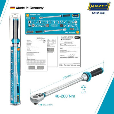 Klucz dynamometryczny 1/2" ze świadectwem wzorcowania PCA 40–200Nm  ±3% Hazet 5122-3CTPCA