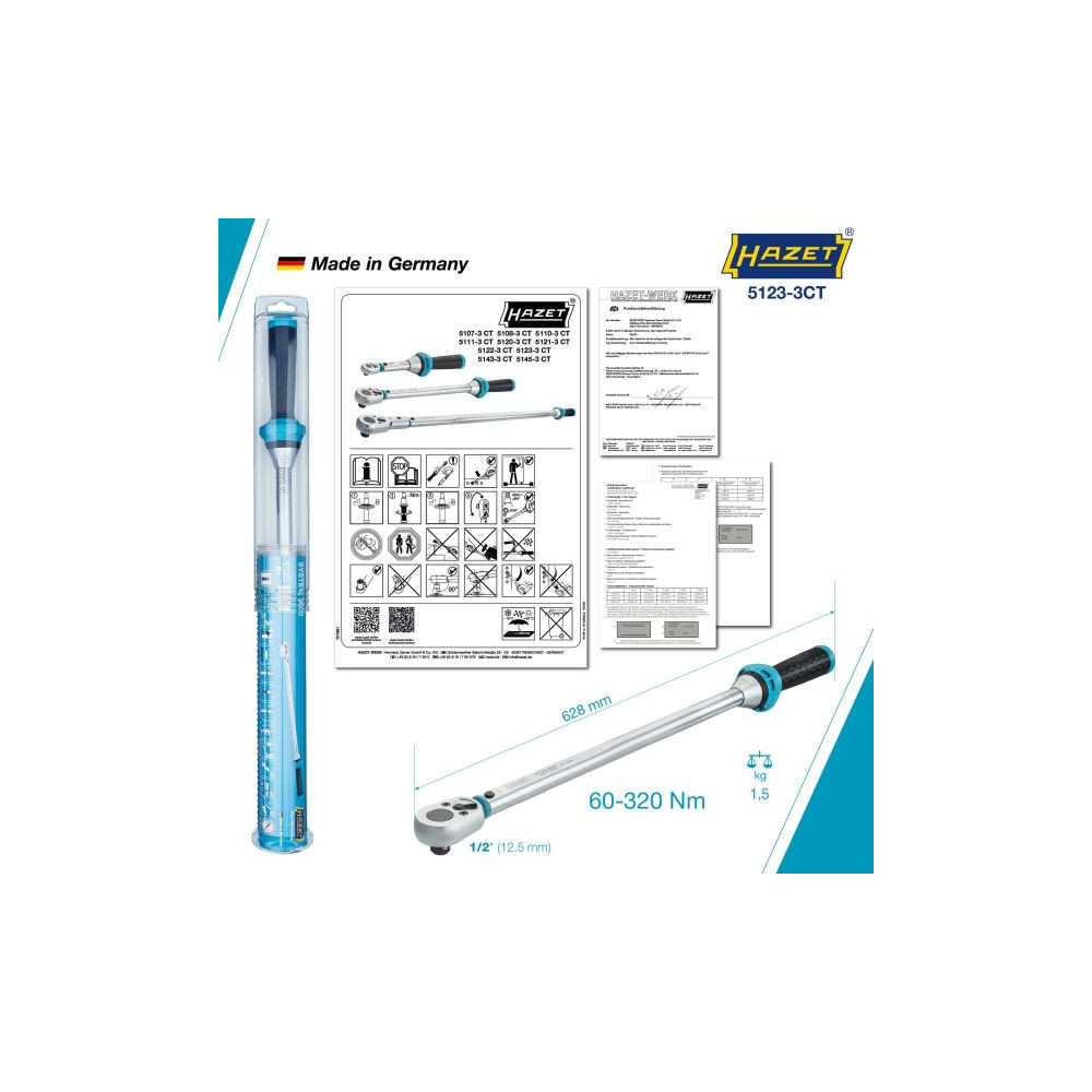 Klucz dynamometryczny 1/2" ze świadectwem wzorcowania PCA 60–320Nm  ±3% Hazet 5123-3CTPCA