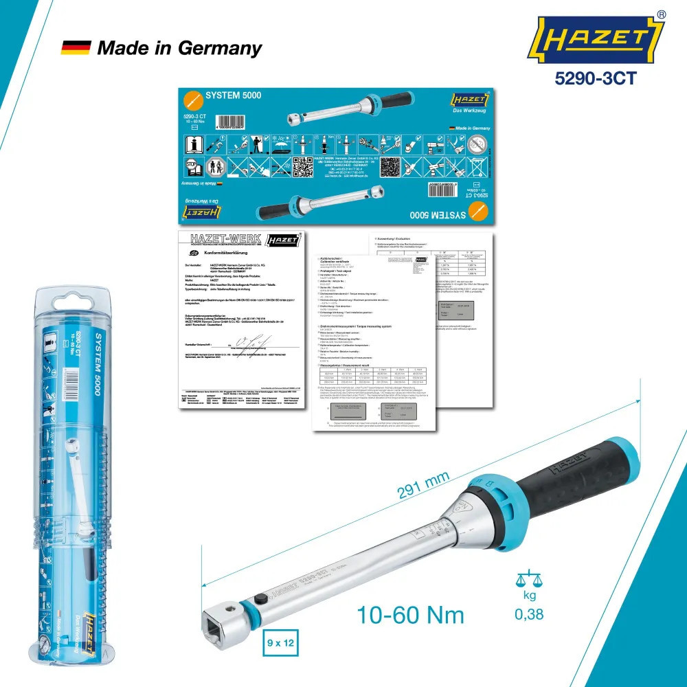 Klucz dynamometryczny kw. 9x12mm ze świadectwem wzorcowania PCA 10–60Nm  ±3% Hazet 5290-3CTPCA